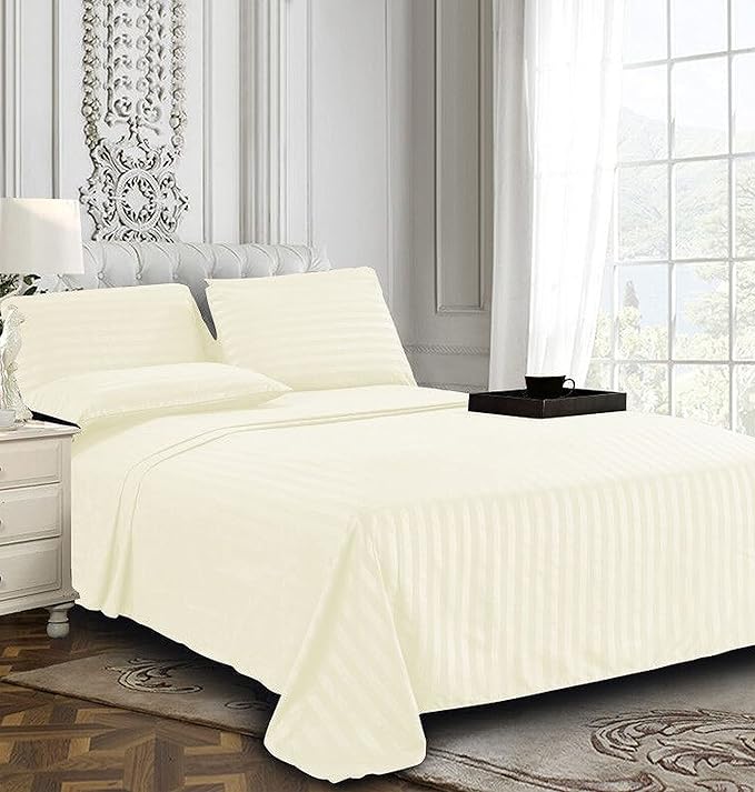 Solid Striped Cotton Bed Sheet with 2 Pillow Covers