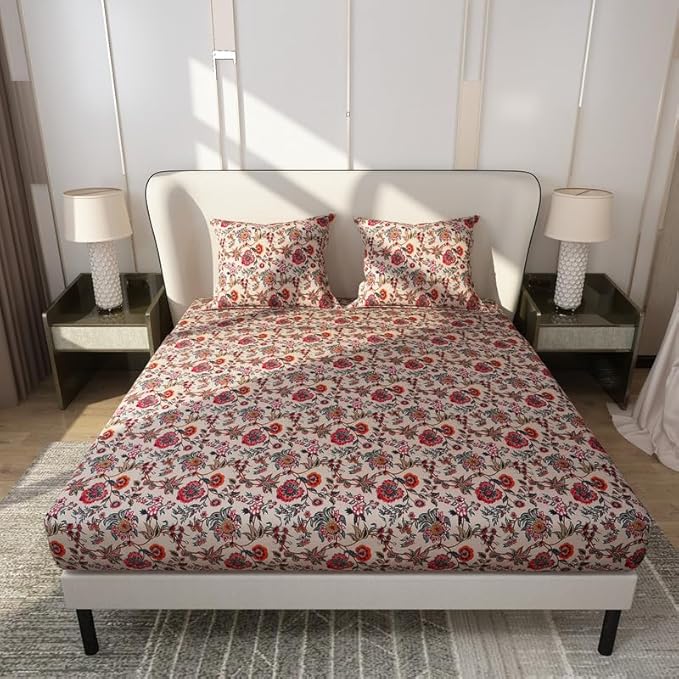 Floral Printed Cotton Bed Sheet with 2 Pillow Covers