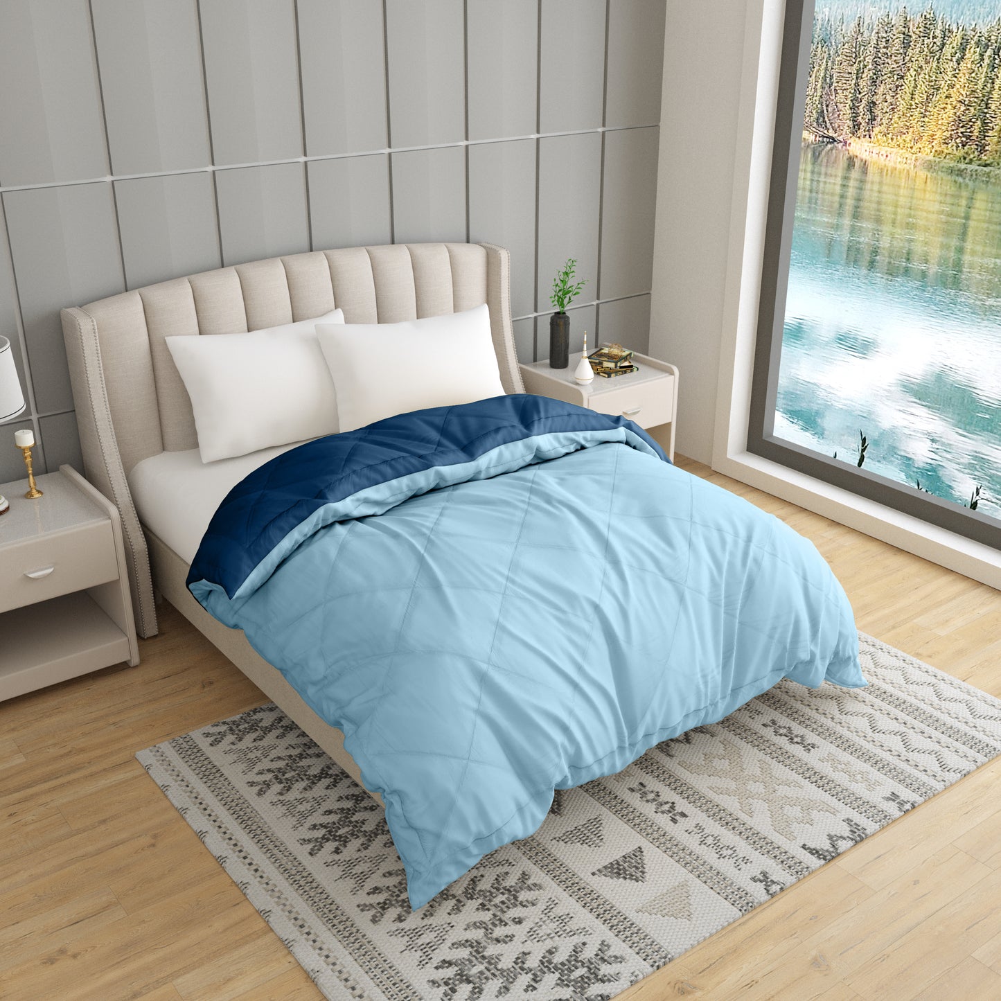 Solid Single Quilt for Heavy Winter (Microfiber, NAVY BLUE & SKY BLUE)