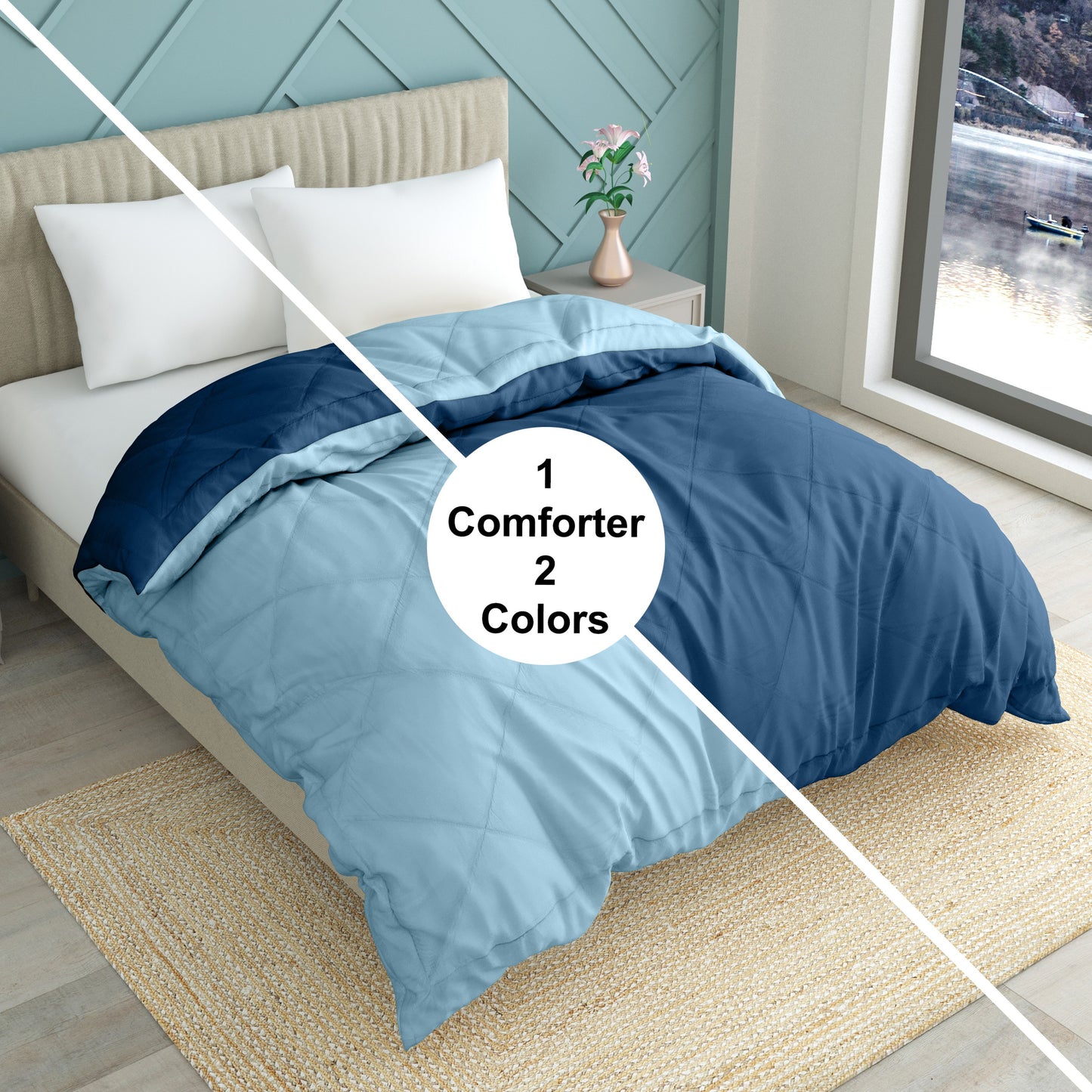 Solid Single Quilt for Heavy Winter (Microfiber, NAVY BLUE & SKY BLUE)