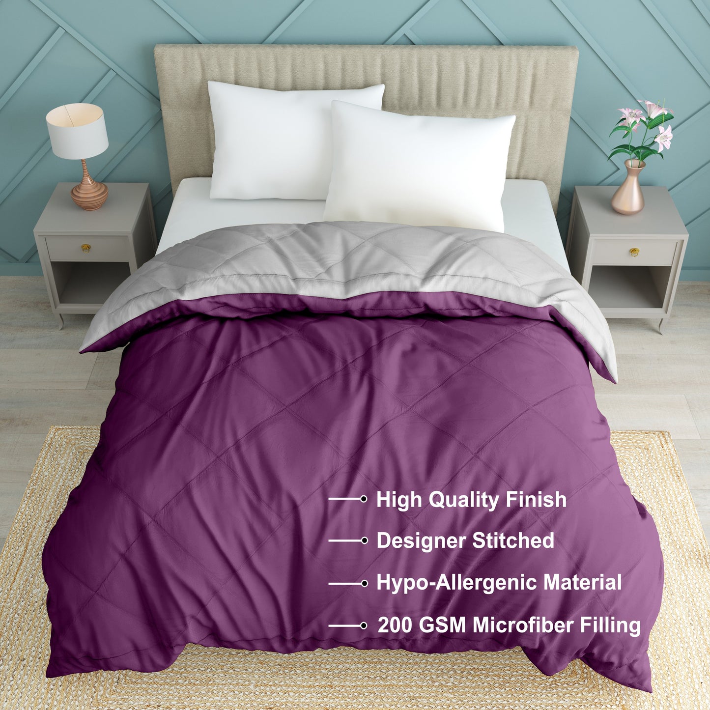 Solid Single Quilt for Heavy Winter (Microfiber, PURPLE & GREY)