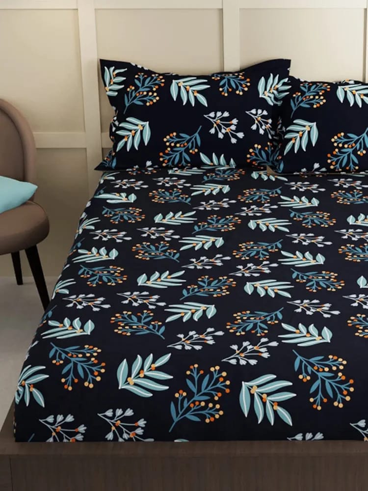 Floral Printed Cotton Bed Sheet with 2 Pillow Covers