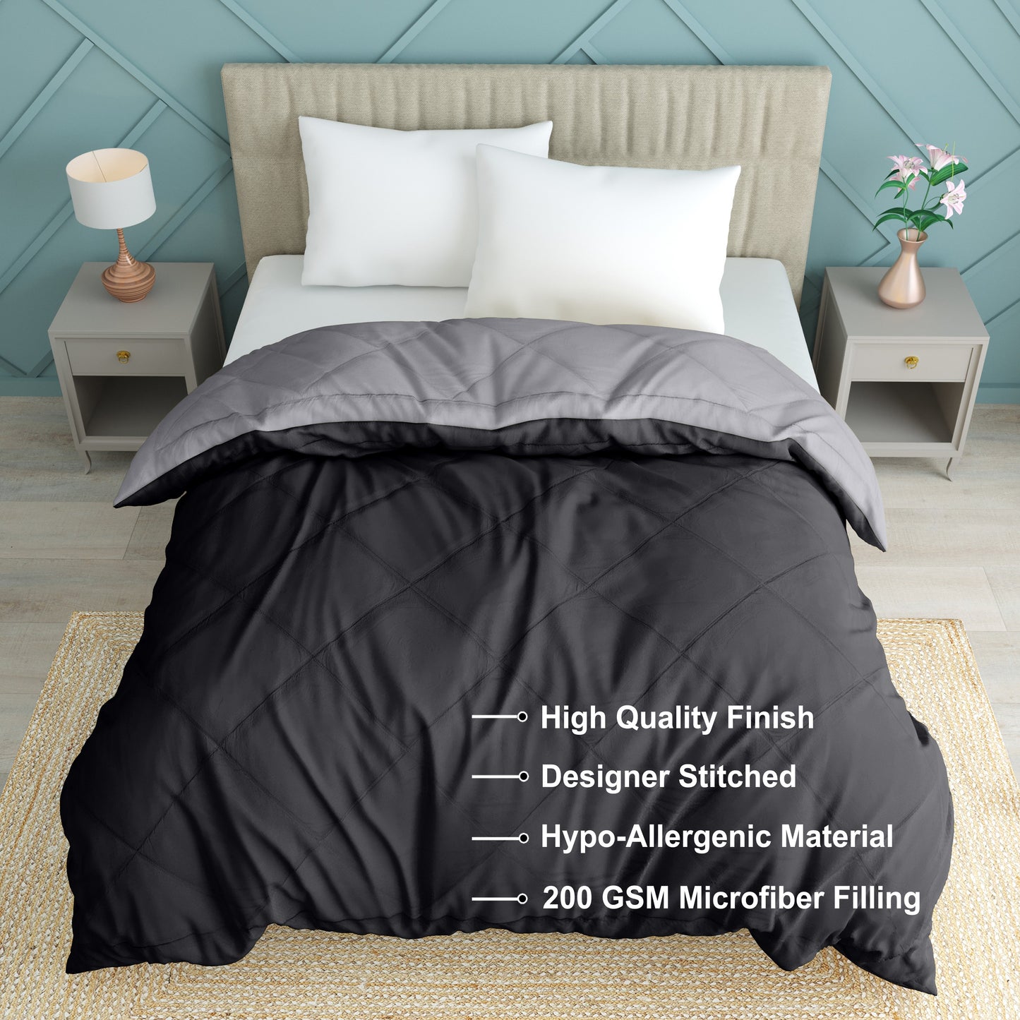Comfowell Solid Single Quilt for Heavy Winter  (Microfiber, BLACK & GREY)