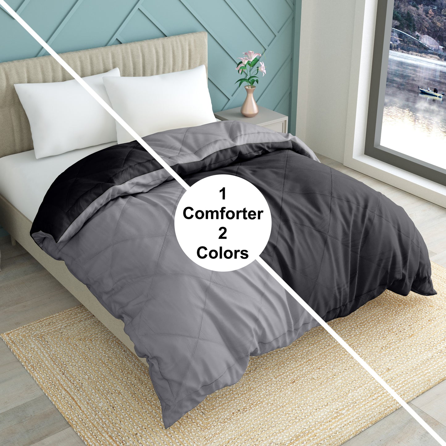Comfowell Solid Single Quilt for Heavy Winter  (Microfiber, BLACK & GREY)