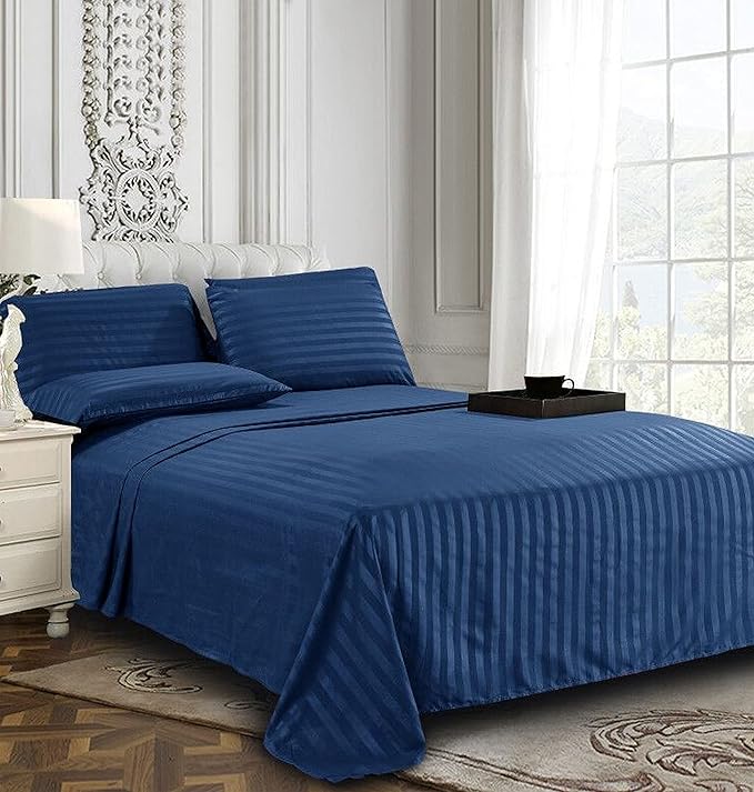 Solid Striped Cotton Bed Sheet with 2 Pillow Covers