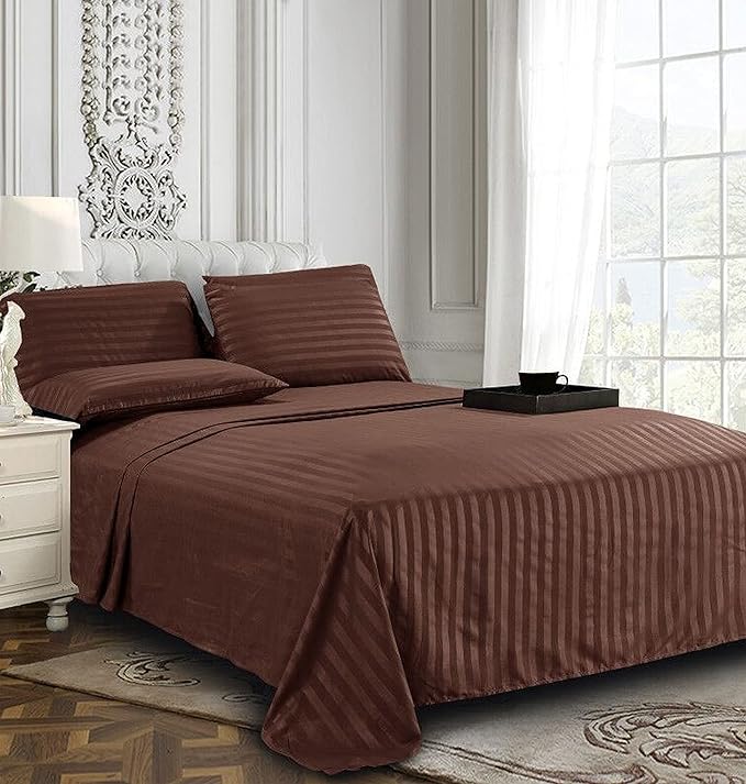 Solid Striped Cotton Bed Sheet with 2 Pillow Covers