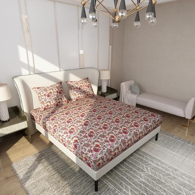 Floral Printed Cotton Bed Sheet with 2 Pillow Covers