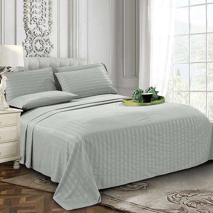 Solid Striped Cotton Bed Sheet with 2 Pillow Covers