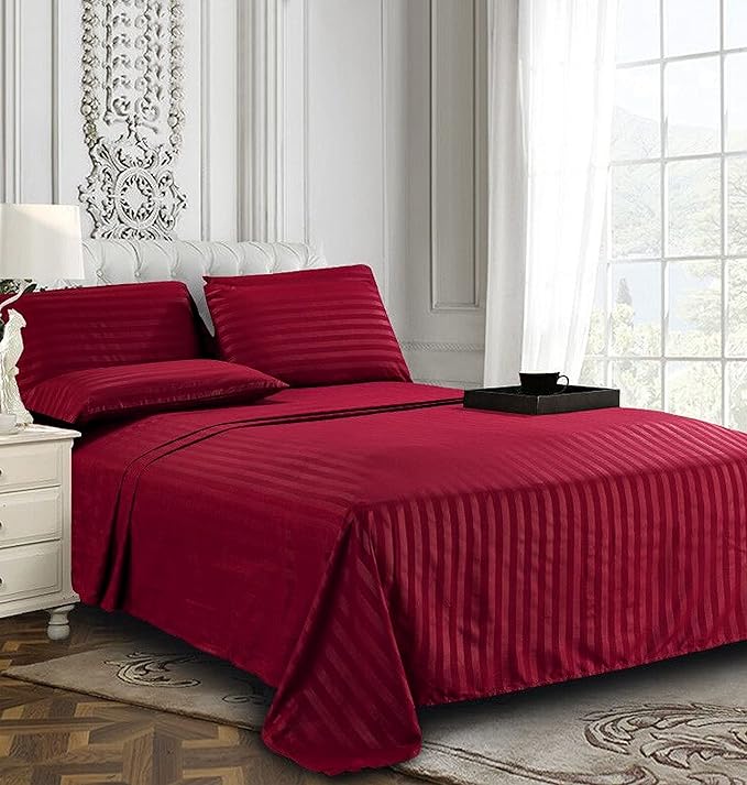 Solid Striped Cotton Bed Sheet with 2 Pillow Covers