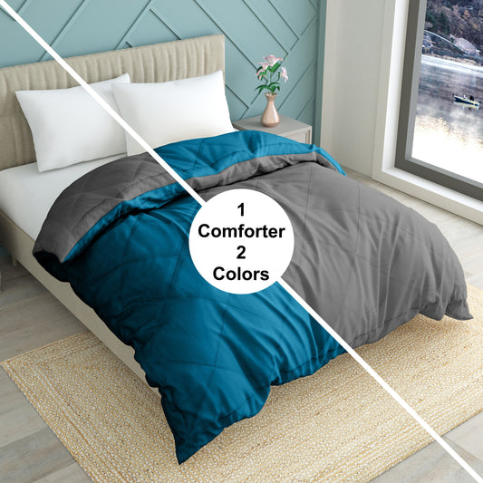 Solid Single Quilt for Heavy Winter  (Microfiber, PETROL BLUE & GREY)