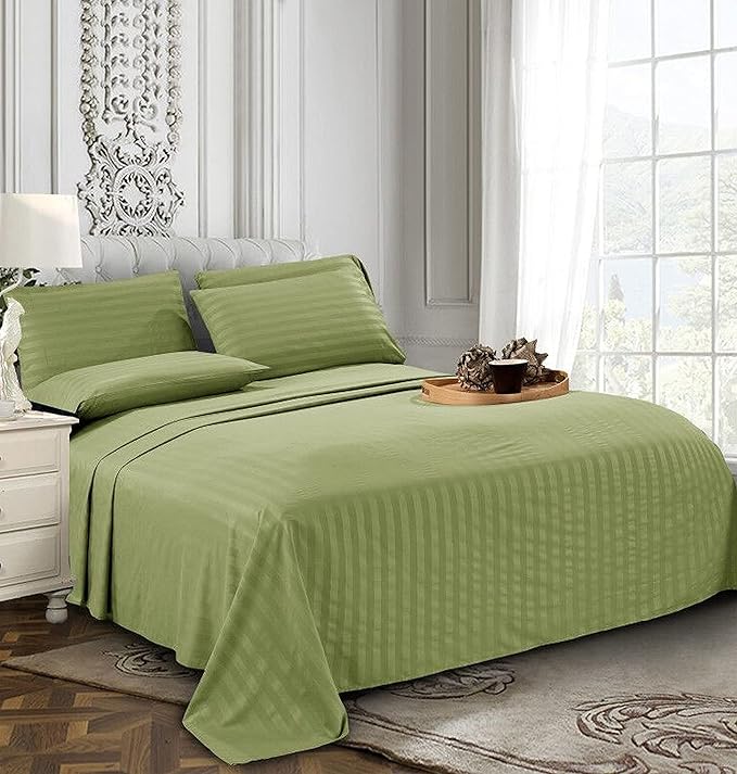 Solid Striped Cotton Bed Sheet with 2 Pillow Covers