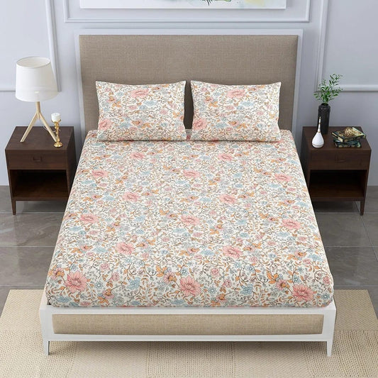 Floral Printed Cotton Bed Sheet with 2 Pillow Covers