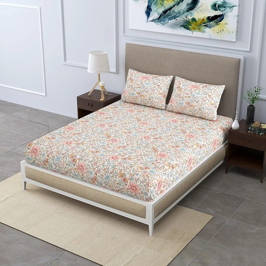 Floral Printed Cotton Bed Sheet with 2 Pillow Covers