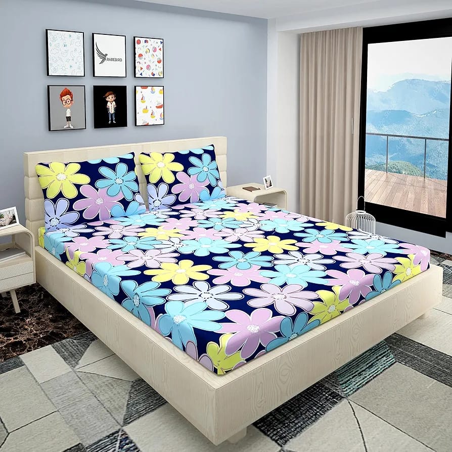Floral Printed Cotton Bed Sheet with 2 Pillow Covers