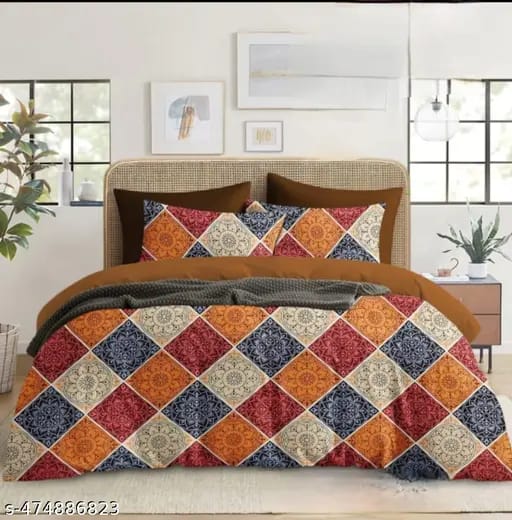 Solid Striped Cotton Bed Sheet with 2 Pillow Covers
