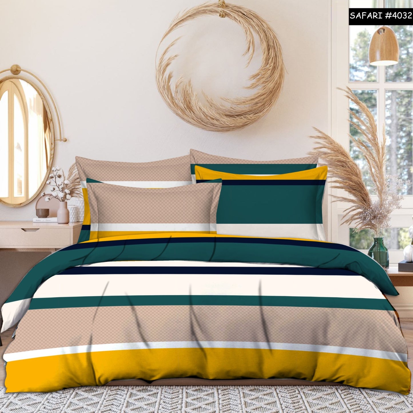 Solid Striped Cotton Bed Sheet with 2 Pillow Covers